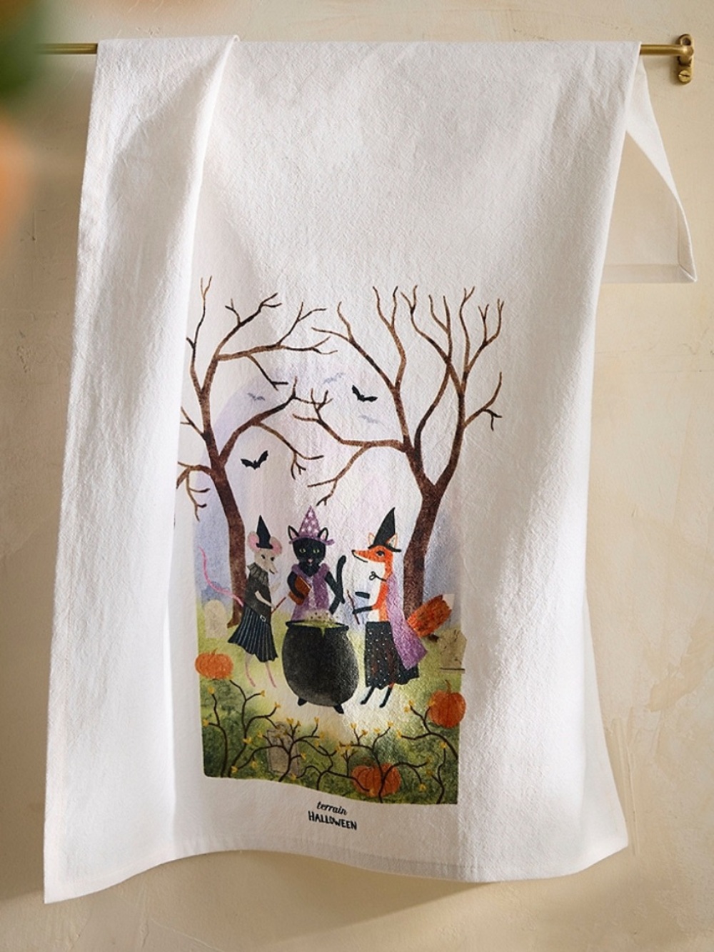 Anthropologie Witchy Critters Dish Towel with Colorful Witchy Halloween Scen